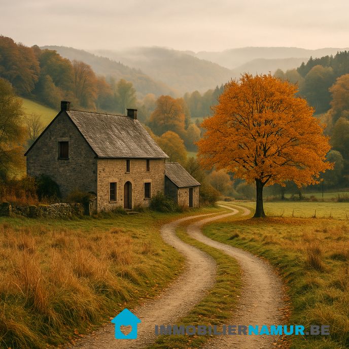 Paysage rural en province de Namur avec une maison en pierre et un gestionnaire immobilier en visite